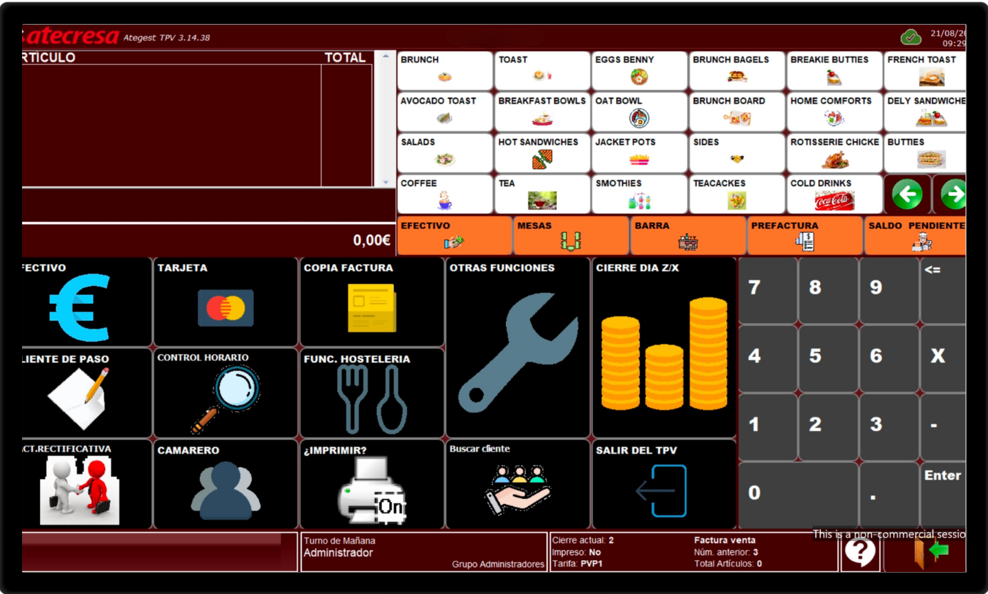 Pantalla de software TPV con la carta y funciones de hostelería de un restaurante