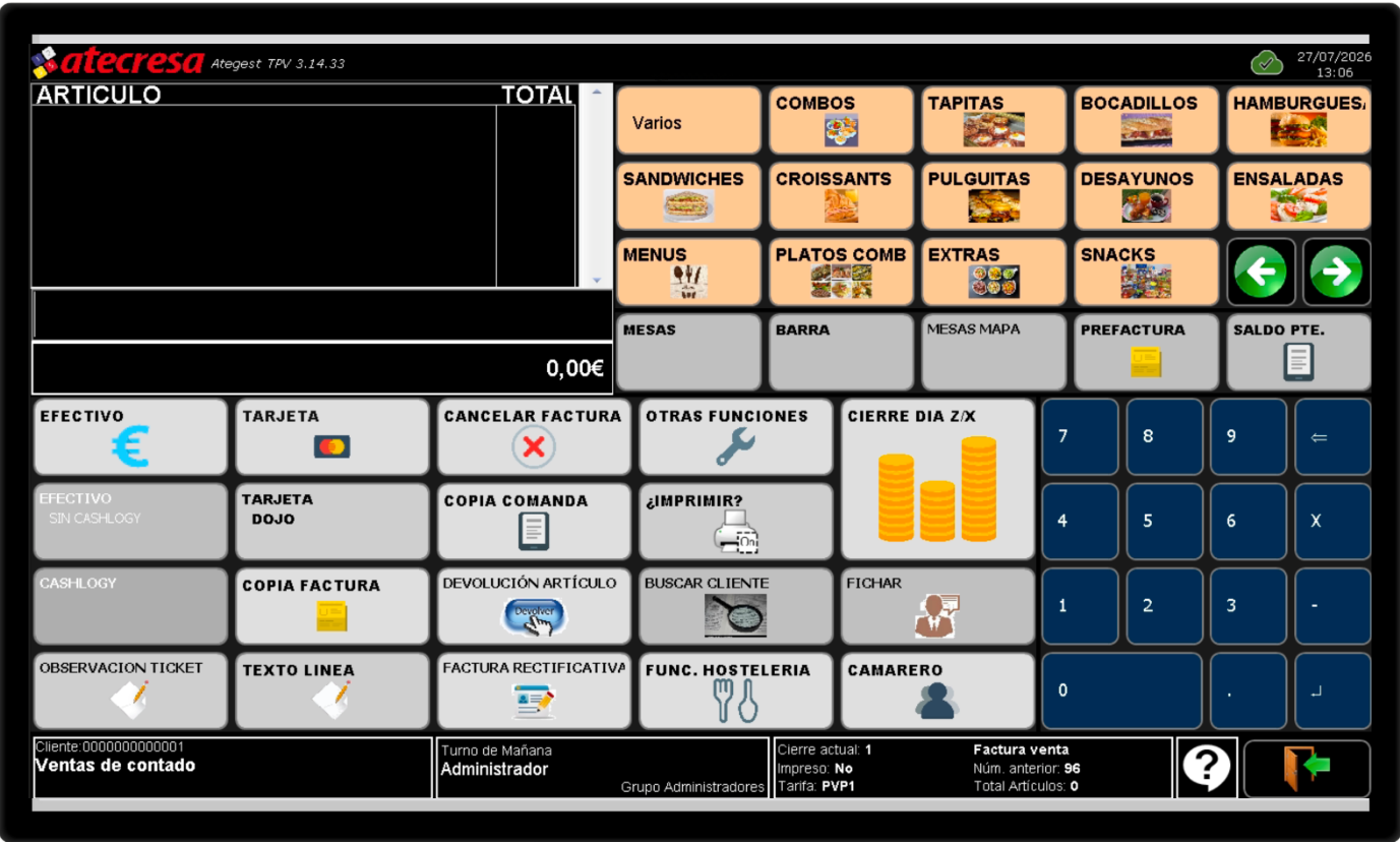 Pantalla de software TPV configurada para un bar o cafetería